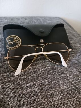 Ray-Ban Gold Frame Sunglasses with Bronw Lenses and White Temple Tips